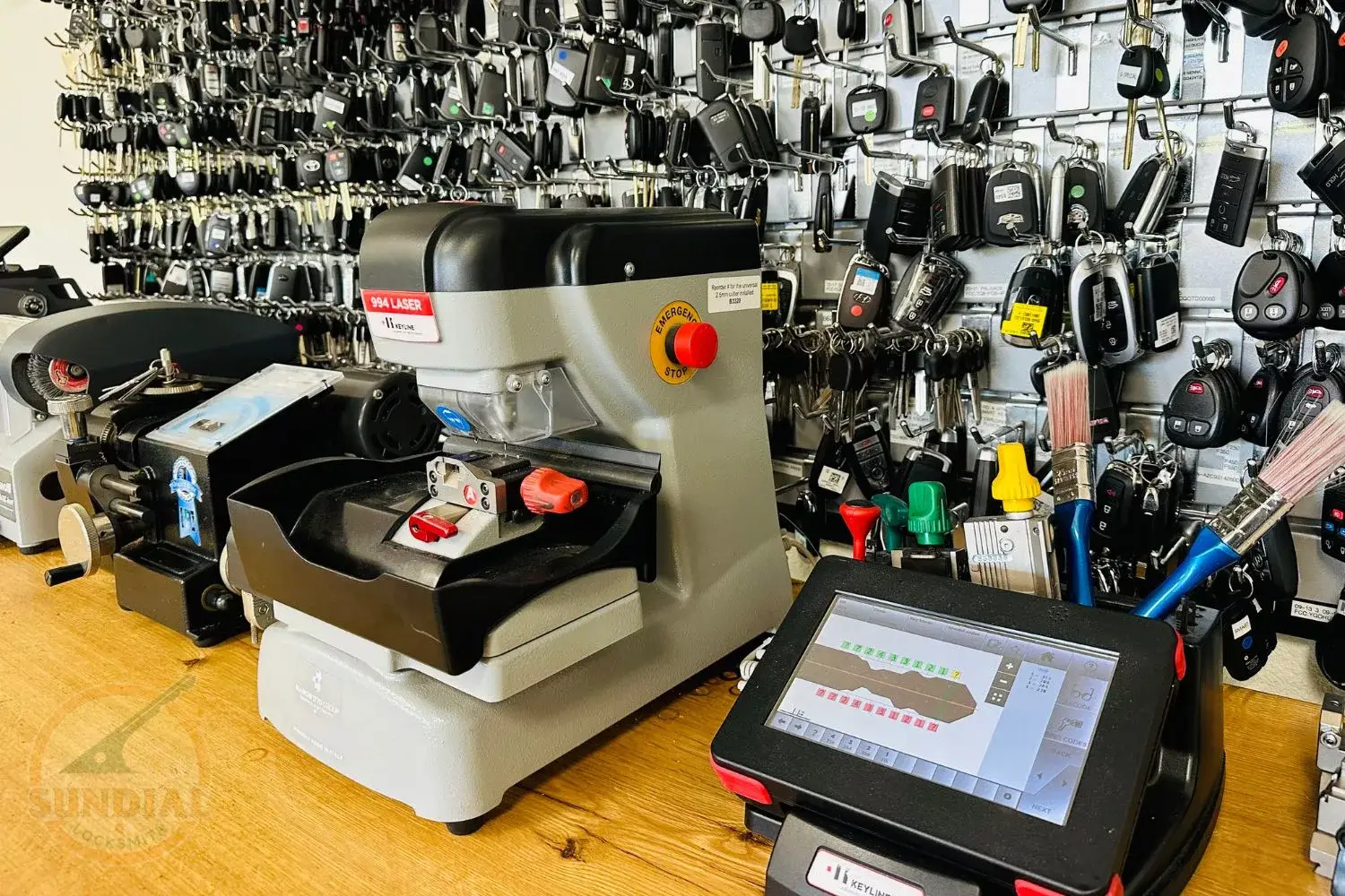 Sundial Locksmith's key-cutting workstation surrounded by an array of vehicle keys.