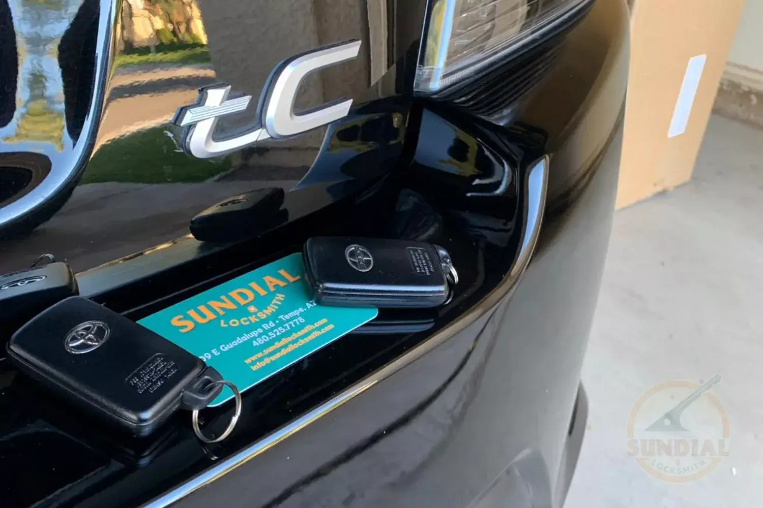 Close-up view of Scion car exterior with keys