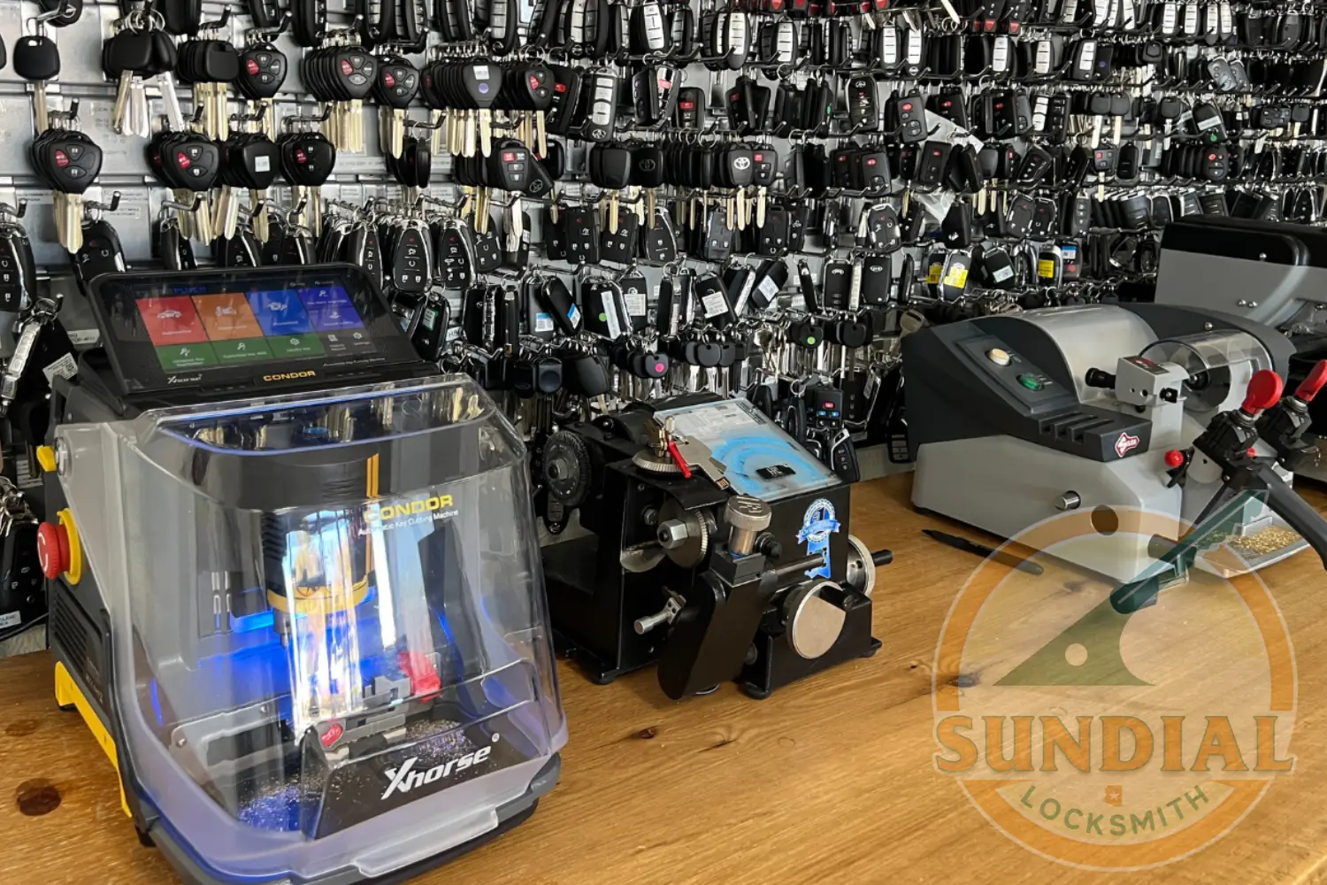 A locksmith's workstation with key cutting and programming machines surrounded by various car key fobs.