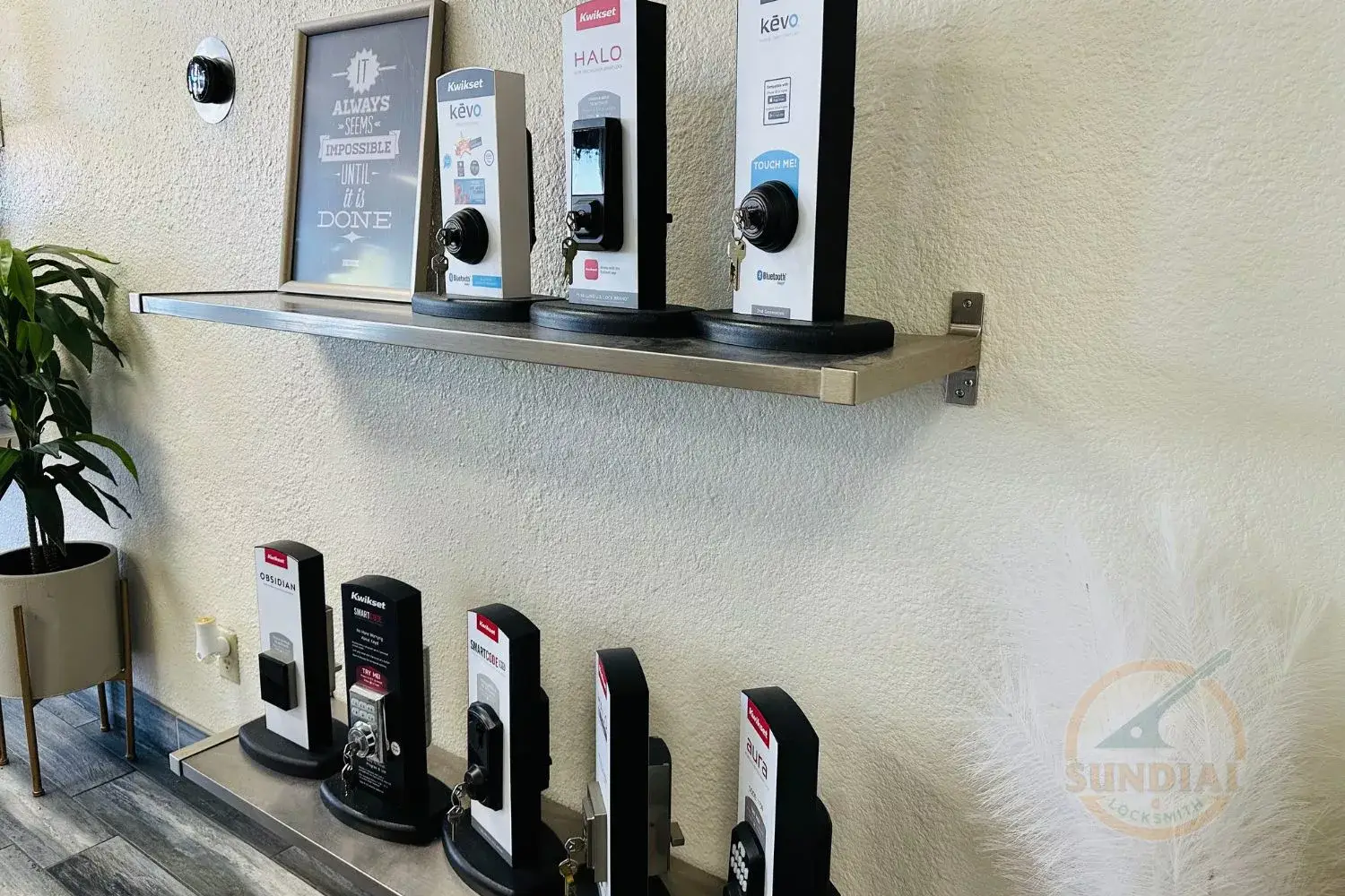 A display of smart locks and a motivational quote.