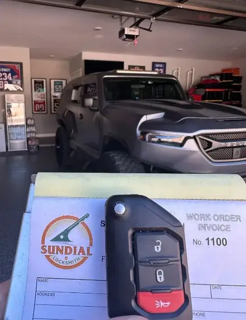 Car key fob on locksmith work order invoice.