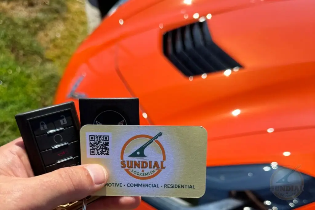 A hand holding a Sundial Locksmith business card and two car key fobs in front of a bright orange car.
