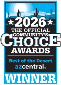 A badge reading 2026 The Official Communitys Choice Awards: Best of the Desert azcentral. WINNER with a desert landscape, cacti, and mountains in the background.