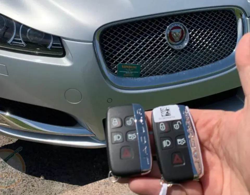 Hand holding two Jaguar key fobs in front of a silver Jaguar vehicle's front grille and headlight, with a 'SUNDIAL' business card placed on the grille