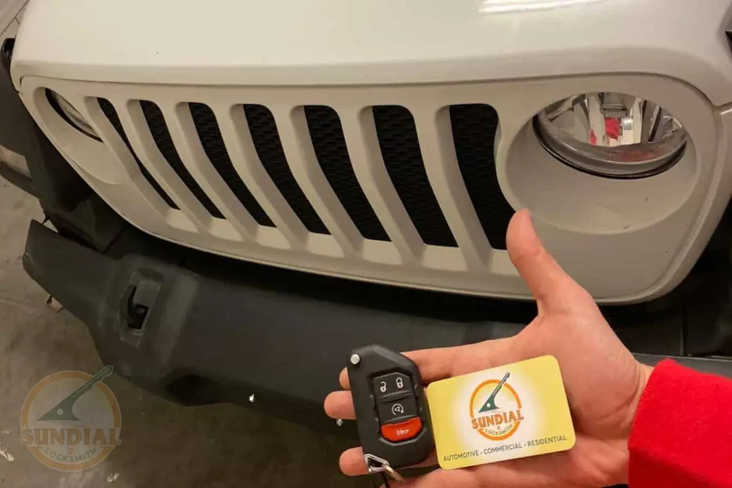 Hand holding car key fob and locksmith business card.