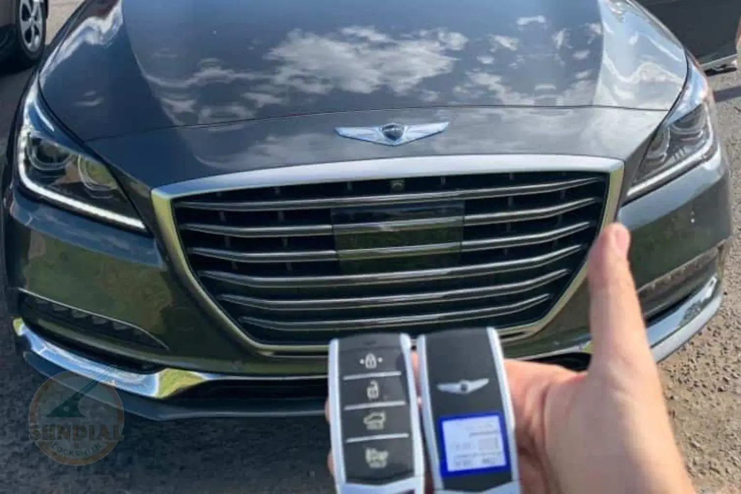 A hand holding two car key fobs with a modern car and its grille in the background.