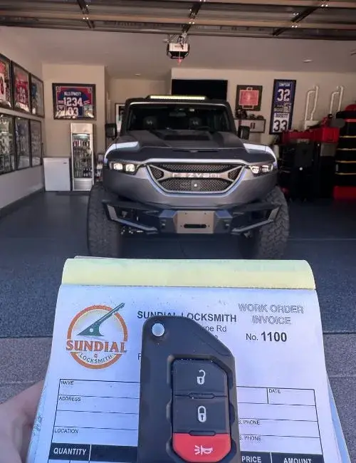 Car key in focus with vehicle in garage.