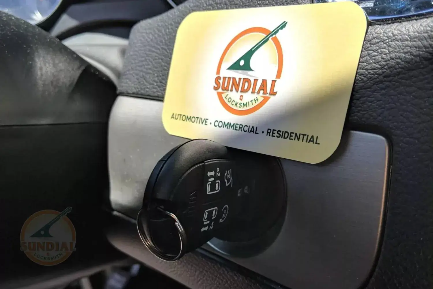 Car key inserted in ignition switch with Sundial Locksmith service card on the steering column.