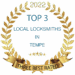 A golden laurel wreath badge for Sundial Locksmith with text: “2022 TOP 3 LOCAL LOCKSMITHS IN TEMPE.” Five gold stars and a gold ribbon at the bottom read “THREE BEST RATED.”.