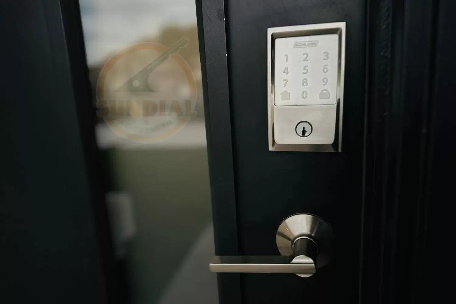 Close-up of a newly installed keypad lock system.