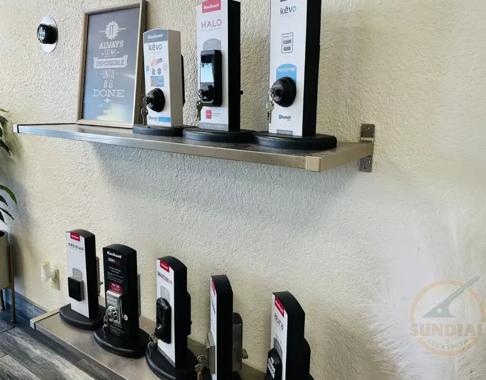 A display of smart locks and a motivational quote.