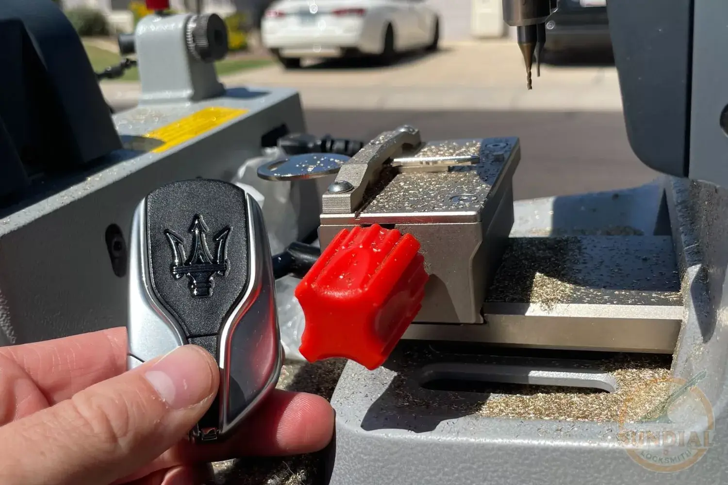 Key duplication process using machinery.