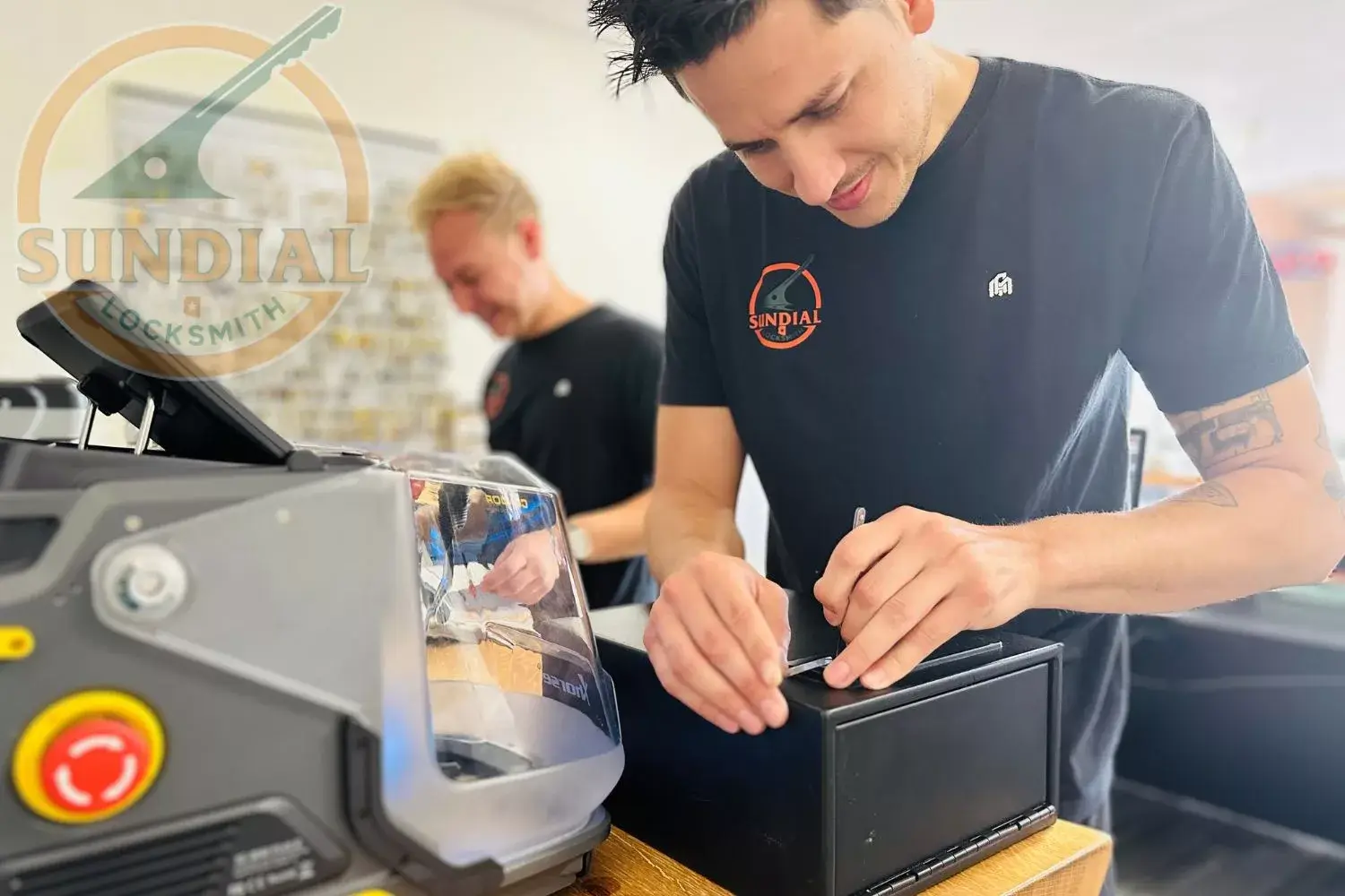 Sundial Locksmith technician expertly picking a safe in our Tempe shop.
