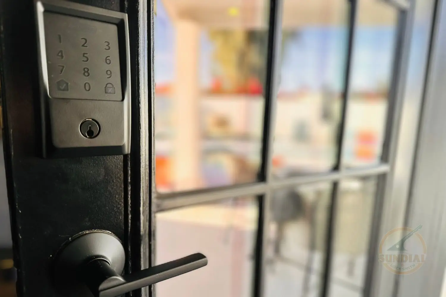 A close-up of a black keypad door lock installed on a glass pane door, with a blurred indoor background.