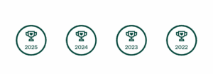 Four green outlined circles, each with a trophy icon and a year inside: 2025, 2024, 2023, and 2022, arranged in a horizontal line on a white background.
