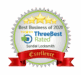 A gold and green award badge reads Best Business of 2021, ThreeBest Rated, Sundial Locksmith, with five stars and a red ribbon labeled Excellence at the bottom.